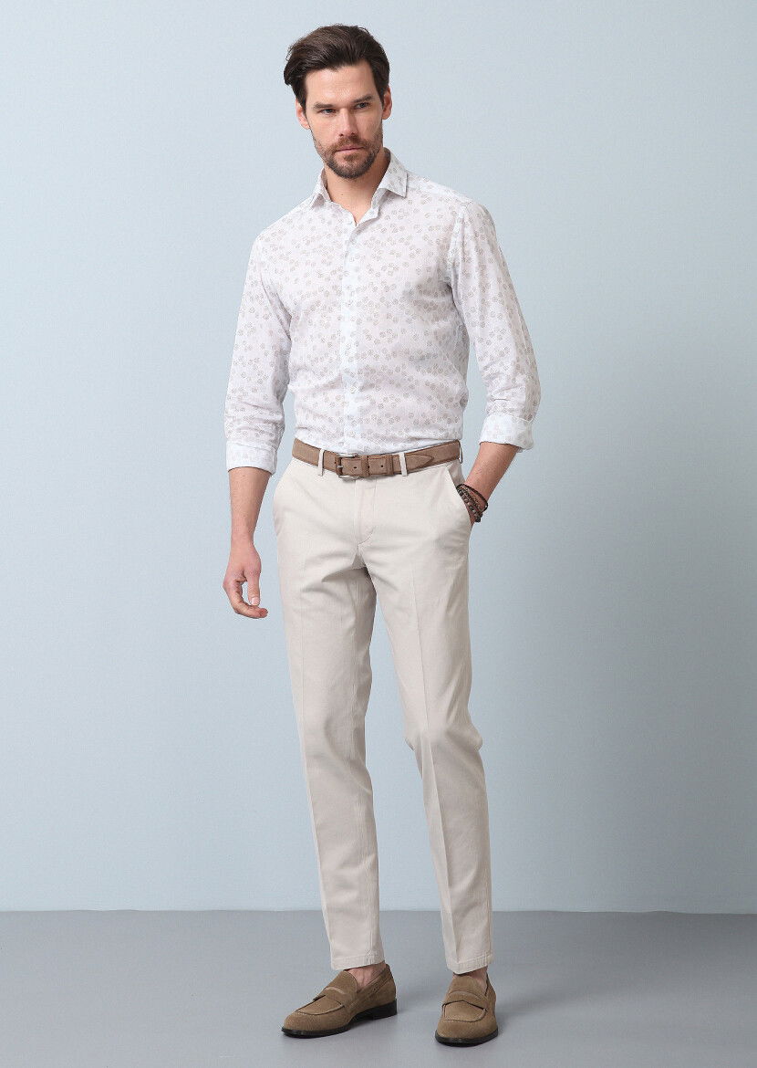Bej Düz Dokuma Regular Fit Smart Casual Pamuk Karışımlı Pantolon 