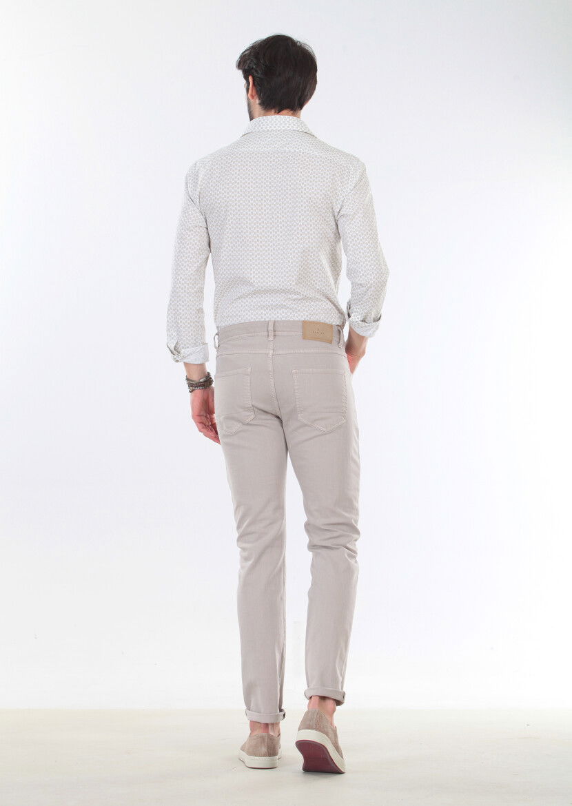 Bej Düz Dokuma Slim Fit Casual Pamuk Karışımlı Pantolon 