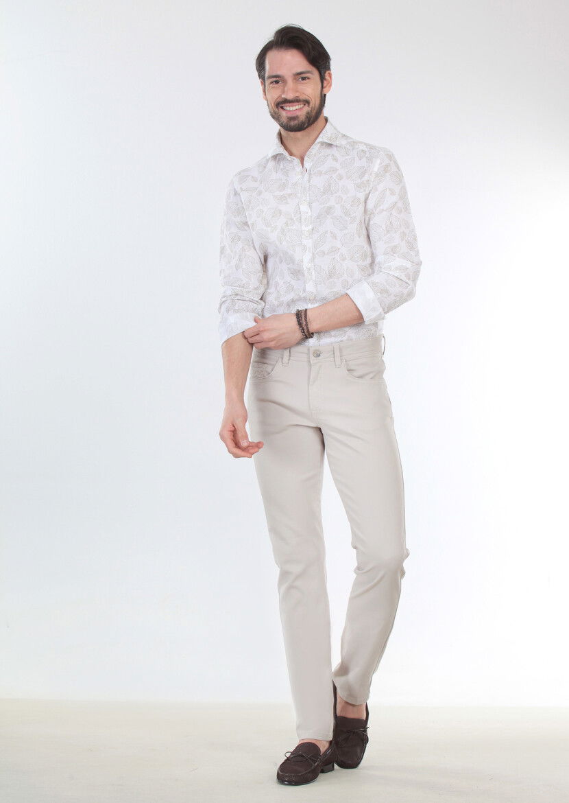 Bej Düz Dokuma Slim Fit Casual Pamuk Karışımlı Pantolon - 1