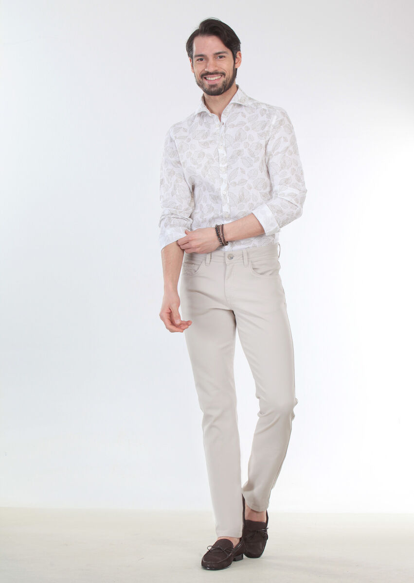 Bej Düz Dokuma Slim Fit Casual Pamuk Karışımlı Pantolon - 1