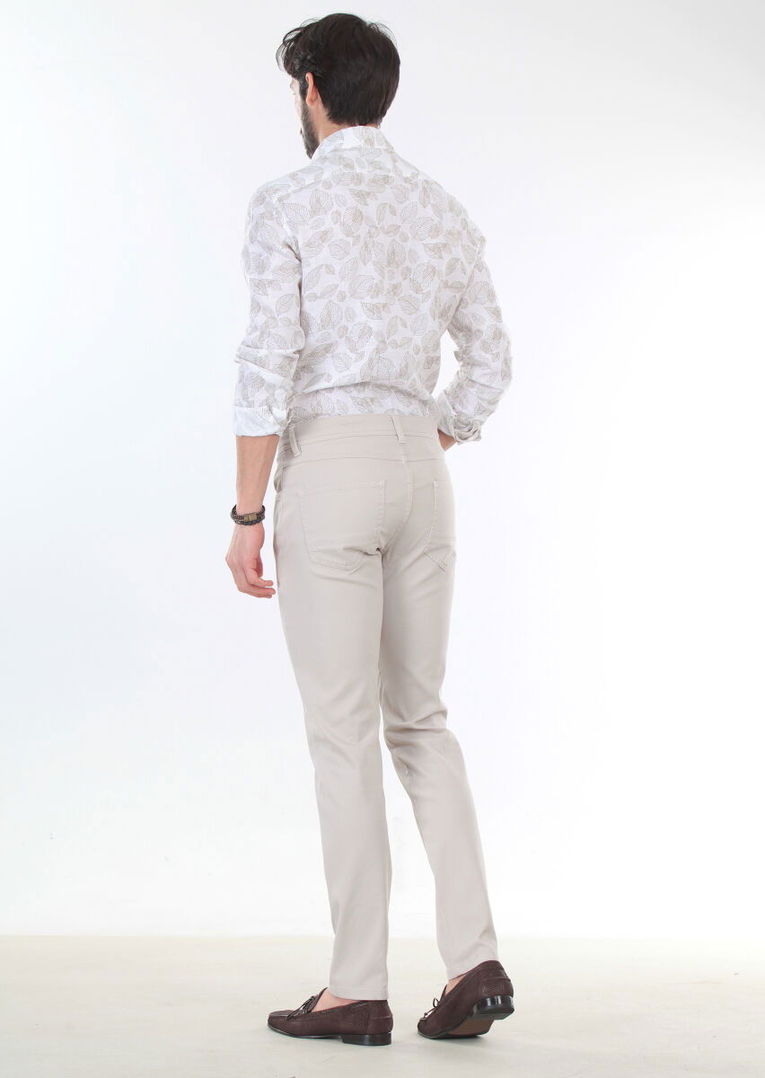 Bej Düz Dokuma Slim Fit Casual Pamuk Karışımlı Pantolon - 2