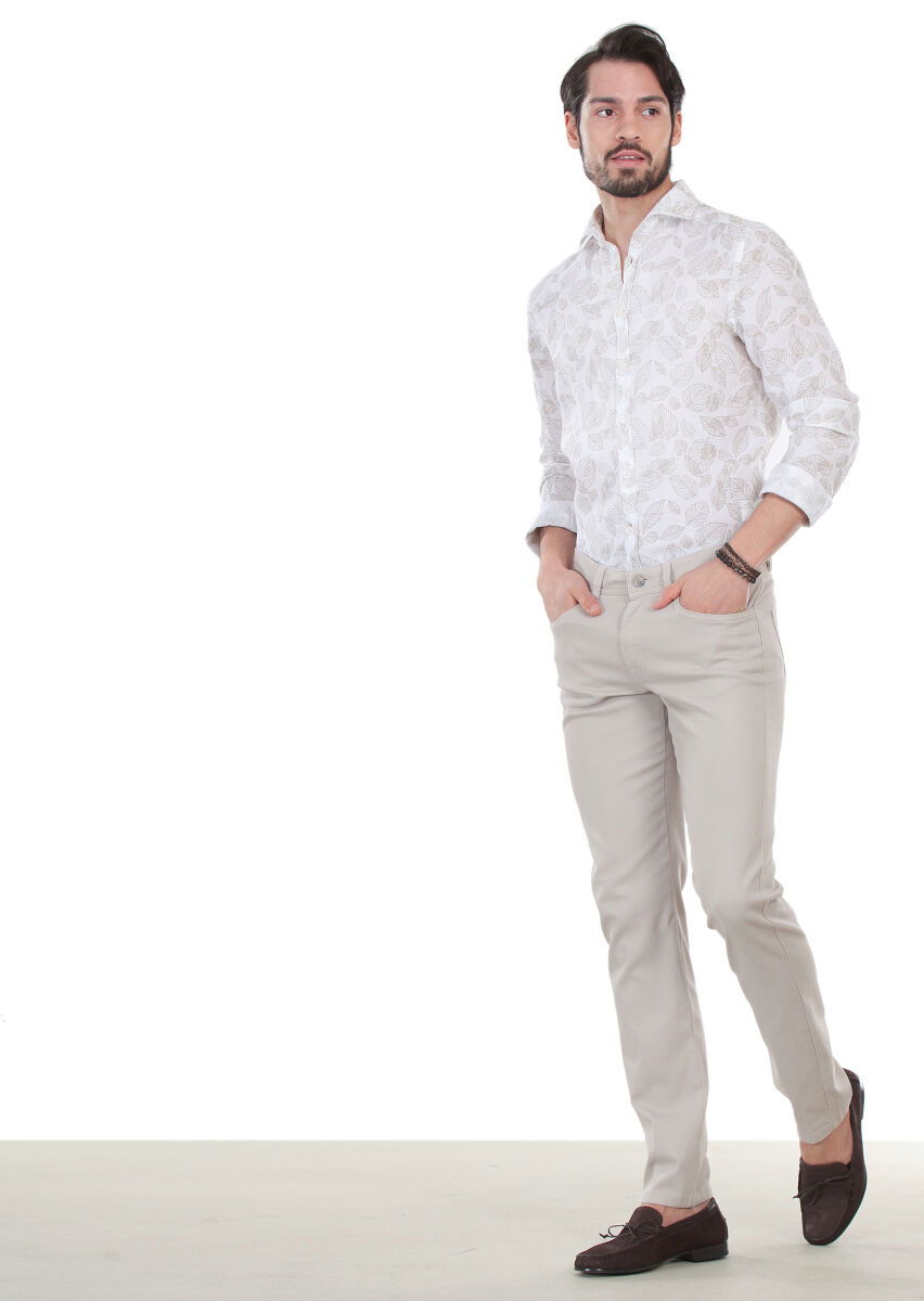 Bej Düz Dokuma Slim Fit Casual Pamuk Karışımlı Pantolon - 3
