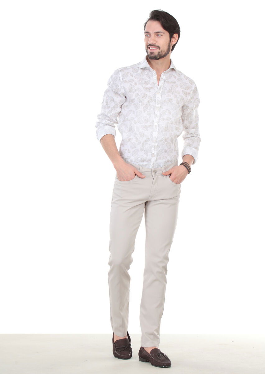 Bej Düz Dokuma Slim Fit Casual Pamuk Karışımlı Pantolon - 4