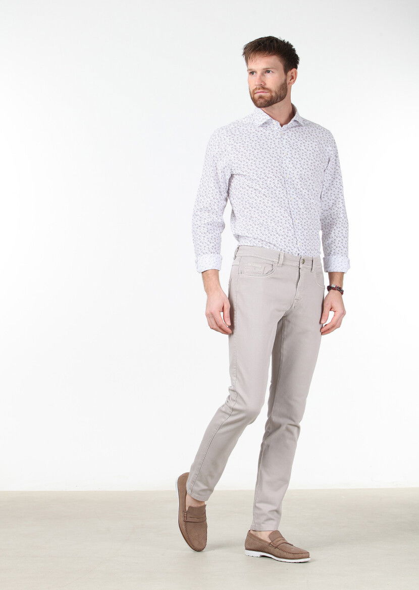 Bej Düz Dokuma Slim Fit Casual Pamuk Karışımlı Pantolon 