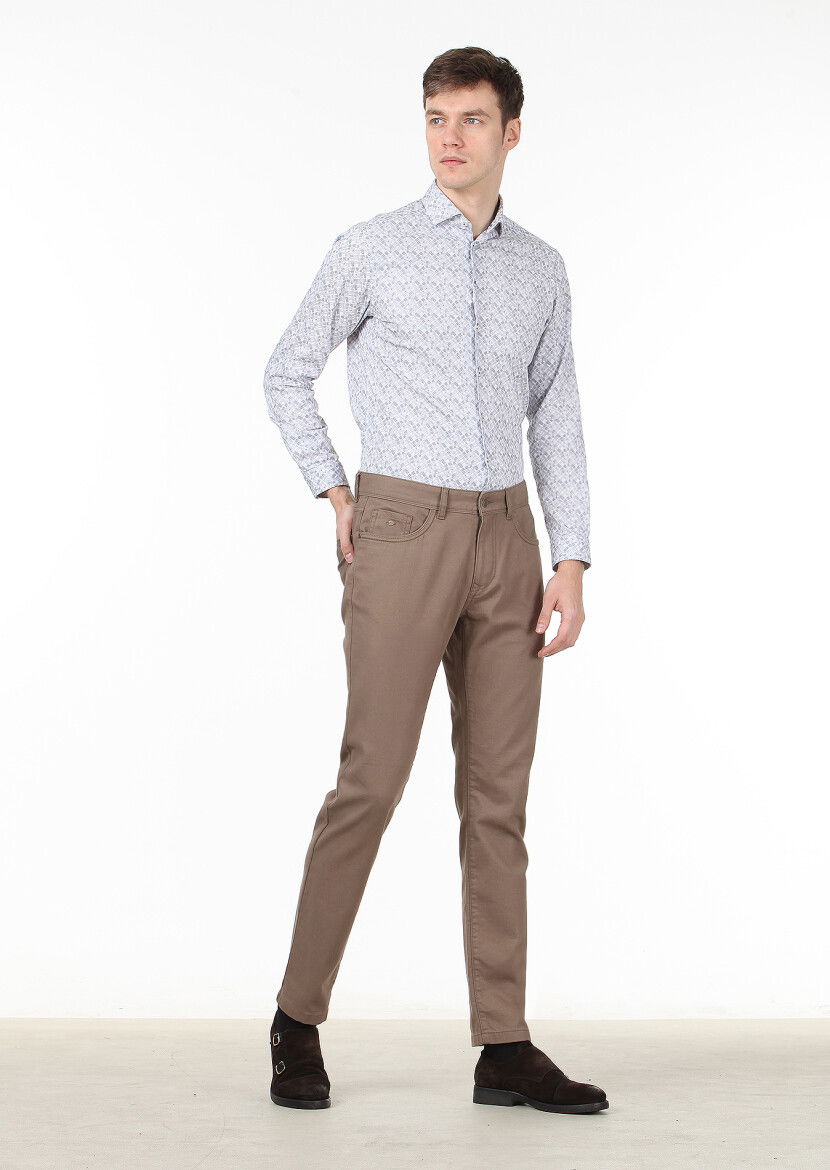 Bej Düz Dokuma Slim Fit Casual Pamuk Karışımlı Pantolon 