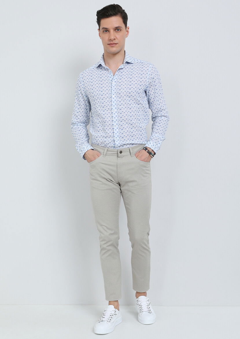 Bej Düz Dokuma Slim Fit Casual Pamuk Karışımlı Pantolon - 1