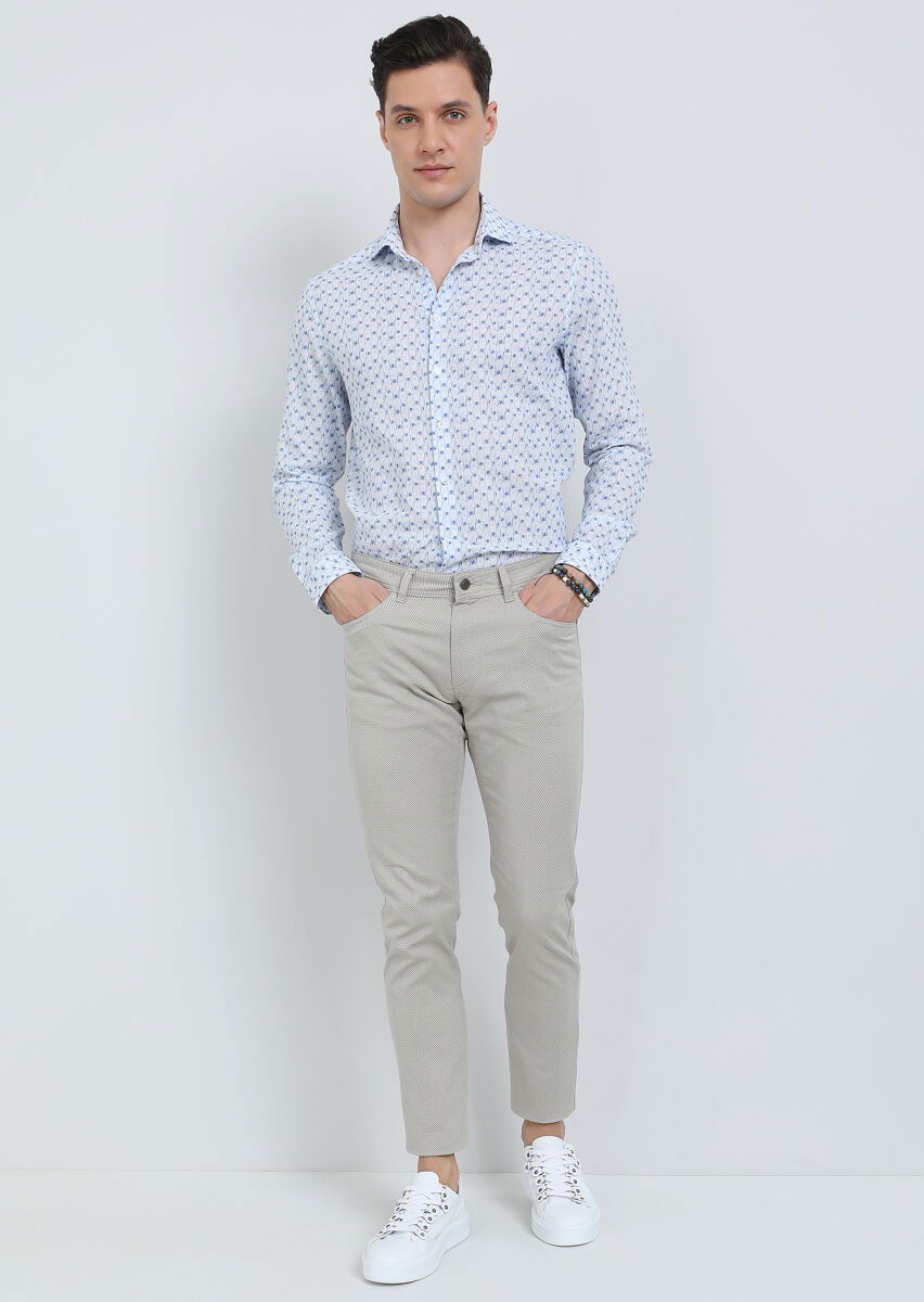 Bej Düz Dokuma Slim Fit Casual Pamuk Karışımlı Pantolon - 1