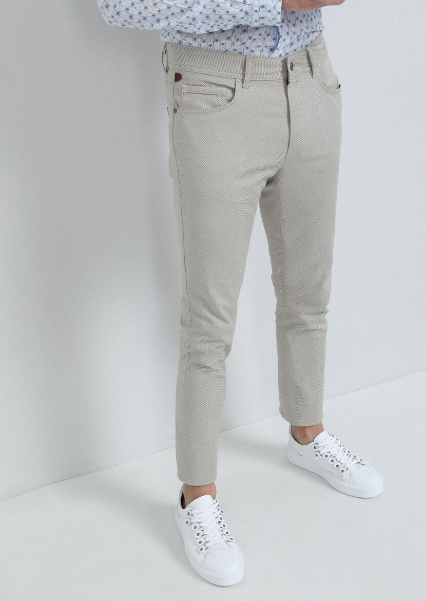 Bej Düz Dokuma Slim Fit Casual Pamuk Karışımlı Pantolon - 2