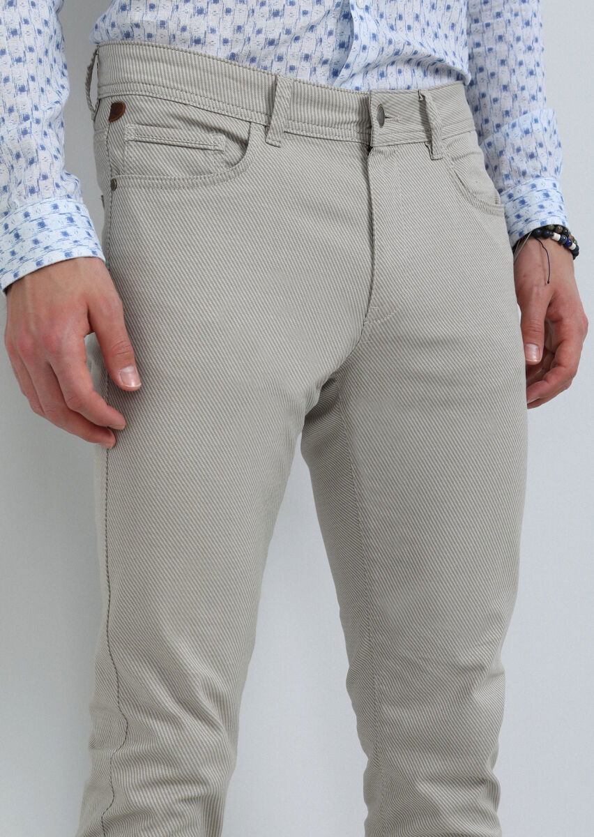 Bej Düz Dokuma Slim Fit Casual Pamuk Karışımlı Pantolon - 3
