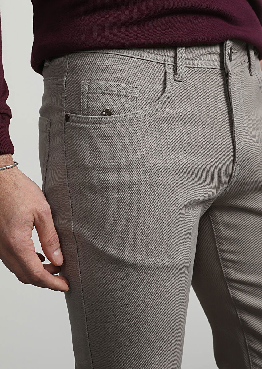 Bej Düz Dokuma Slim Fit Casual Pamuk Karışımlı Pantolon - 2
