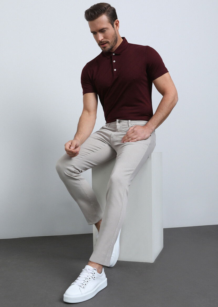 Bej Düz Dokuma Slim Fit Casual Pamuk Karışımlı Pantolon 