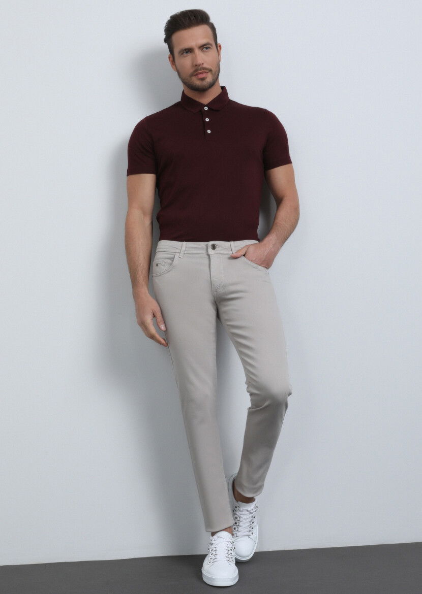 Bej Düz Dokuma Slim Fit Casual Pamuk Karışımlı Pantolon 