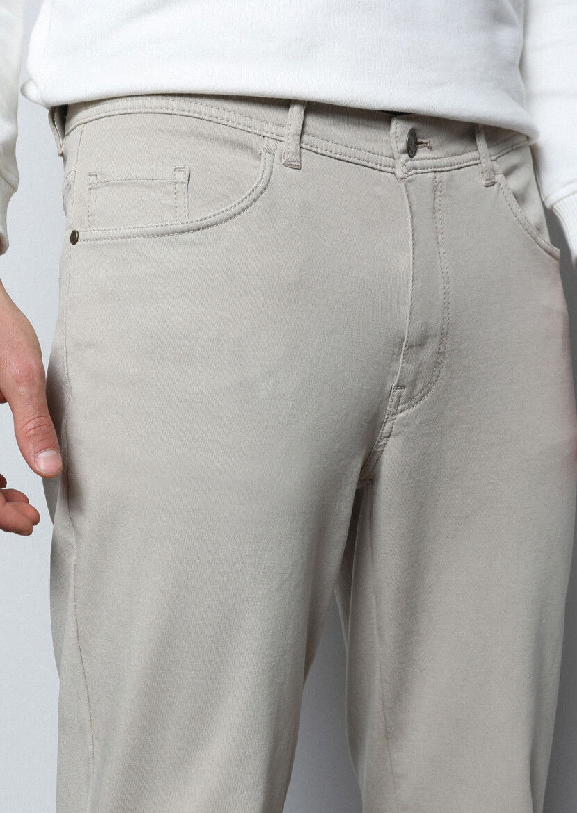 Bej Düz Dokuma Slim Fit Casual Pamuk Karışımlı Pantolon 