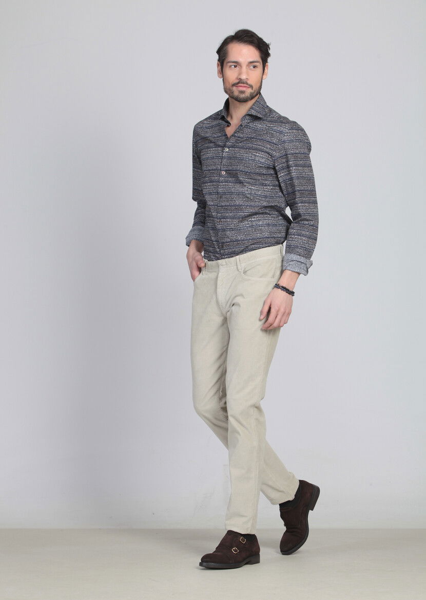 Bej Düz Dokuma Slim Fit Kadife Casual Pamuk Karışımlı Pantolon - 3