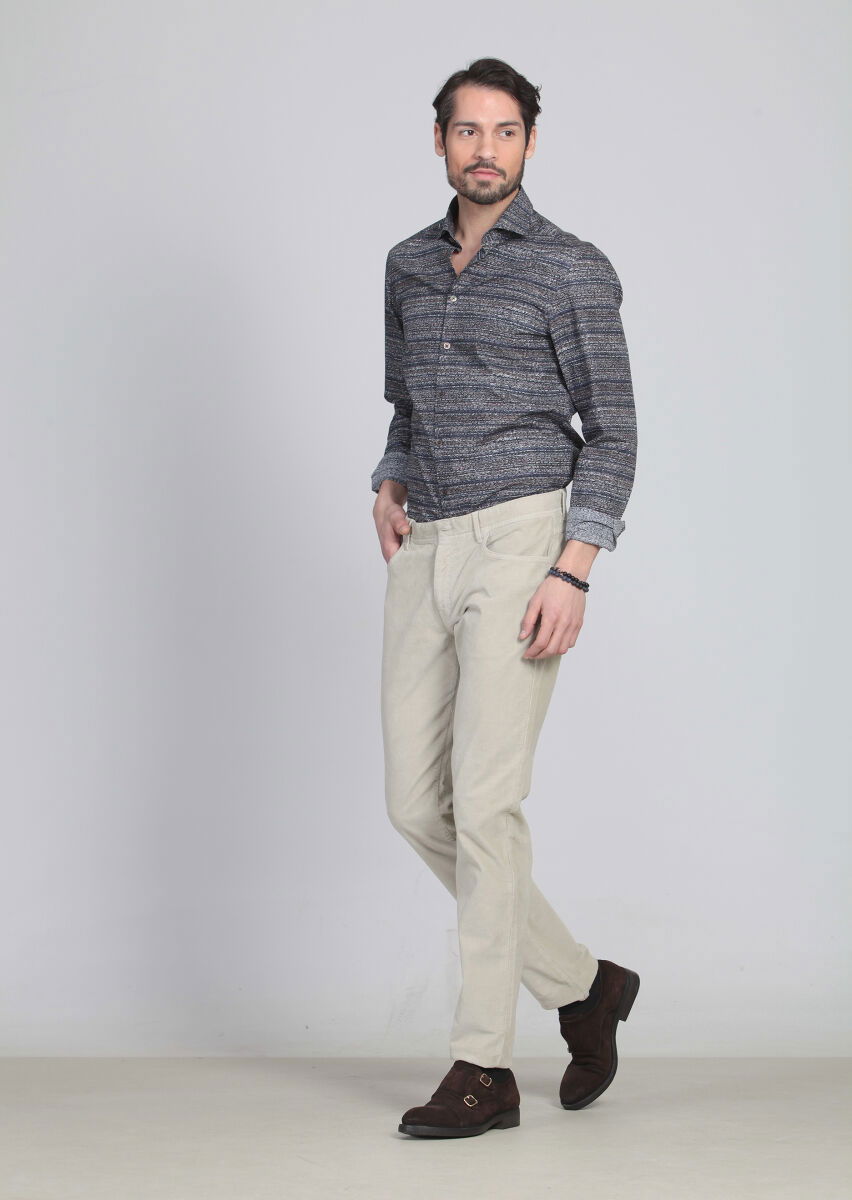 Bej Düz Dokuma Slim Fit Kadife Casual Pamuk Karışımlı Pantolon - 3