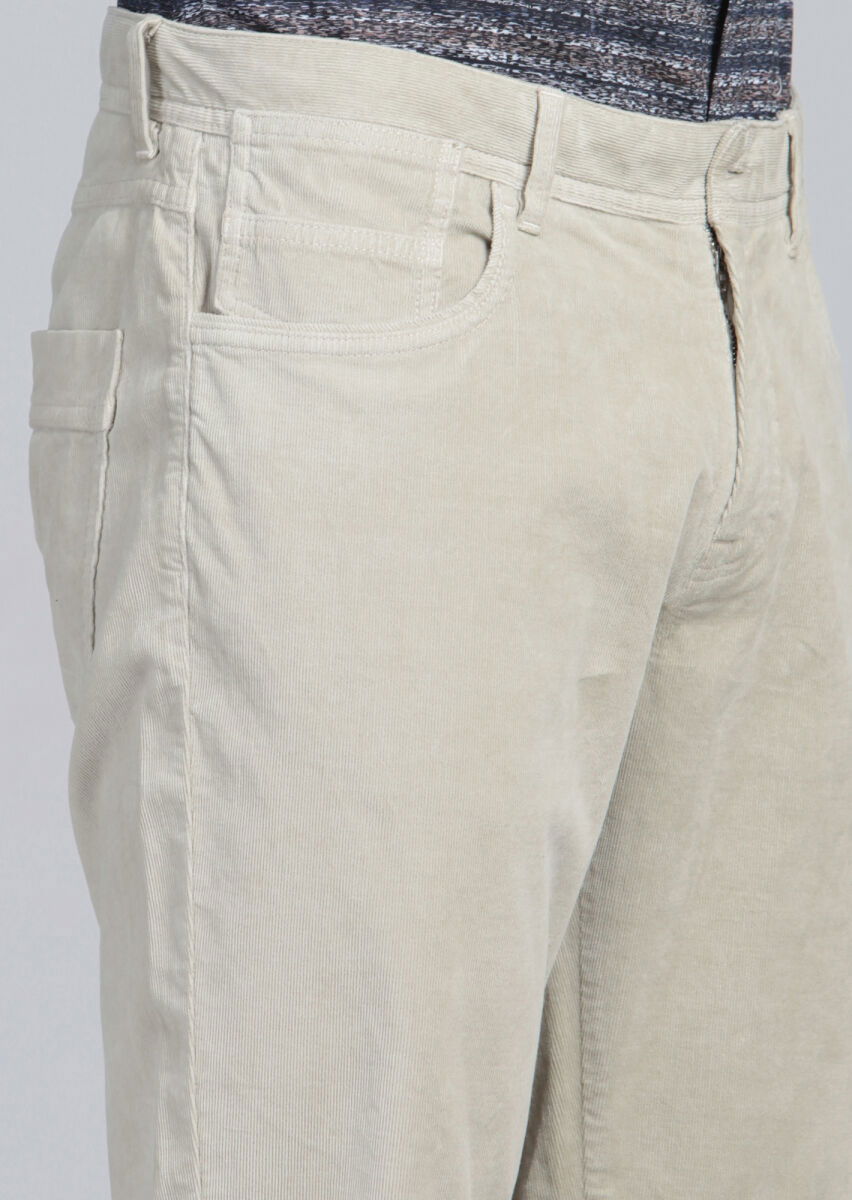 Bej Düz Dokuma Slim Fit Kadife Casual Pamuk Karışımlı Pantolon - 4