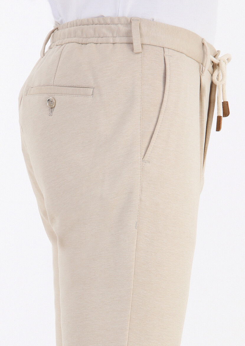 Bej Düz Örme Jogging Fit Casual Pamuk Karışımlı Pantolon - 5