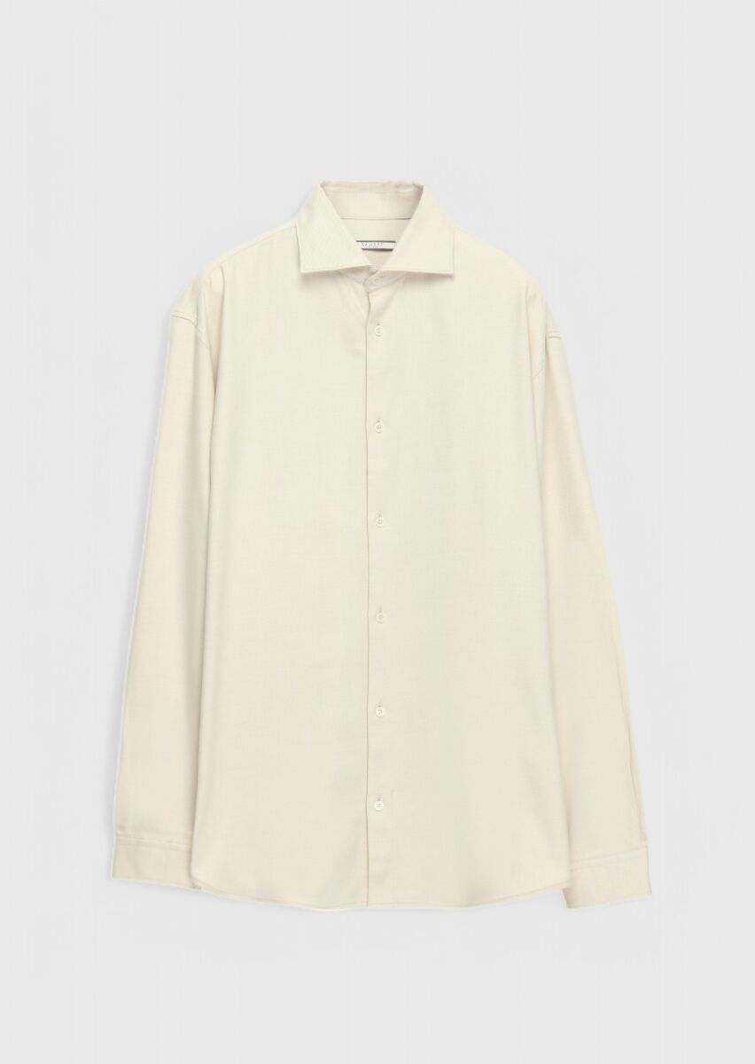 Bej Düz Oversize Fit Dokuma Casual Yün Karışımlı Gömlek - 1