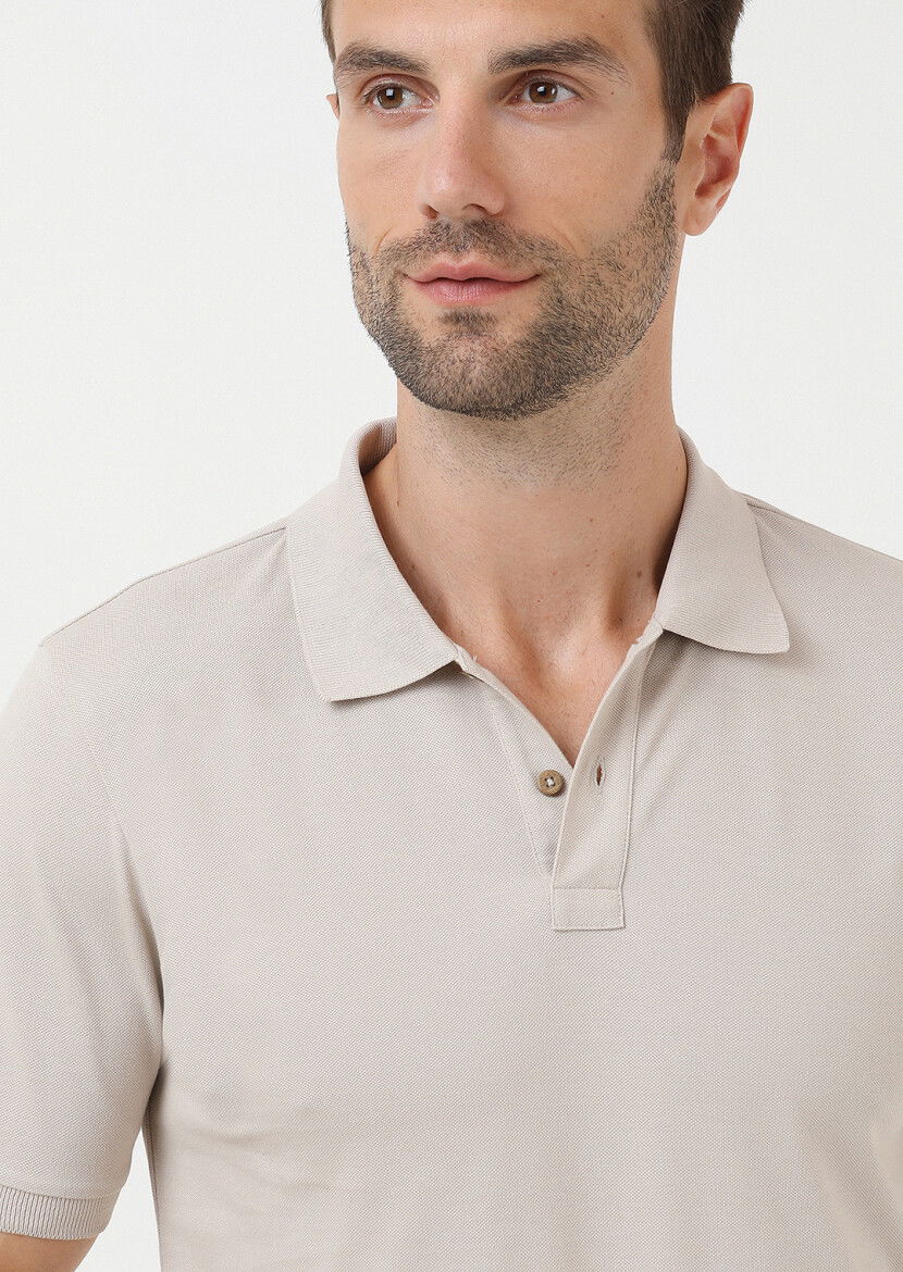 Bej Düz Polo Yaka %100 Pamuk T-Shirt 