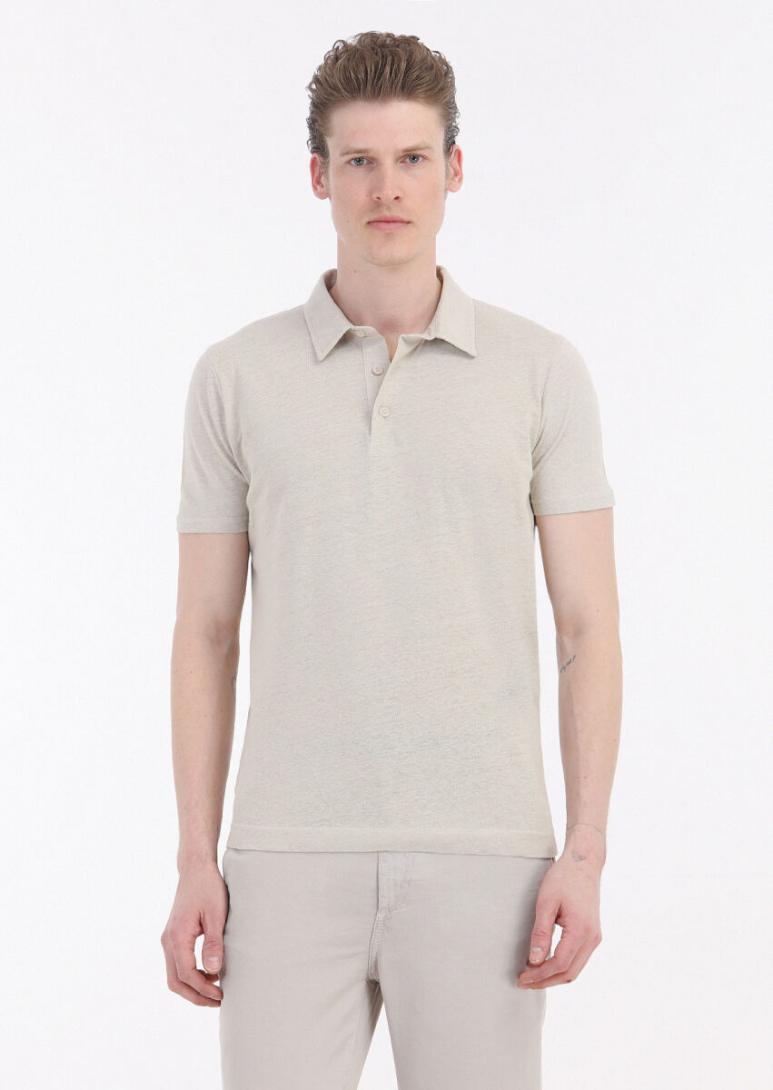 Bej Düz Polo Yaka Pamuk Karışımlı T-Shirt - 2