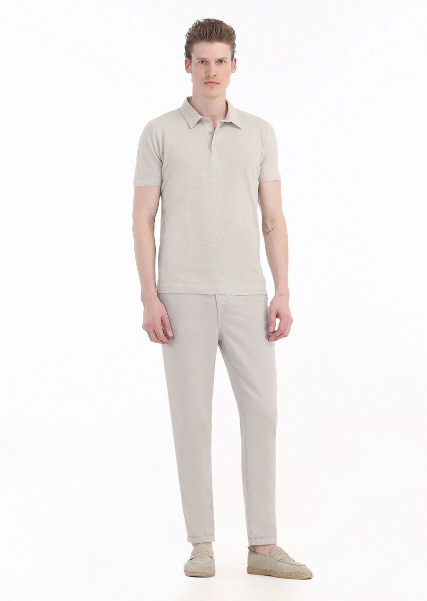Bej Düz Polo Yaka Pamuk Karışımlı T-Shirt - 3