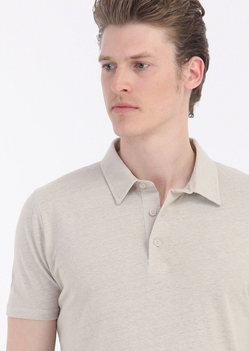 Bej Düz Polo Yaka Pamuk Karışımlı T-Shirt - 4