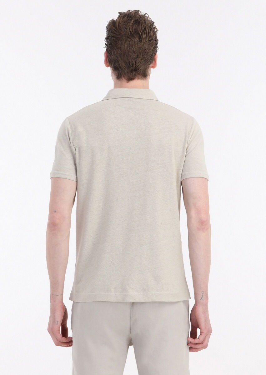 Bej Düz Polo Yaka Pamuk Karışımlı T-Shirt - 5