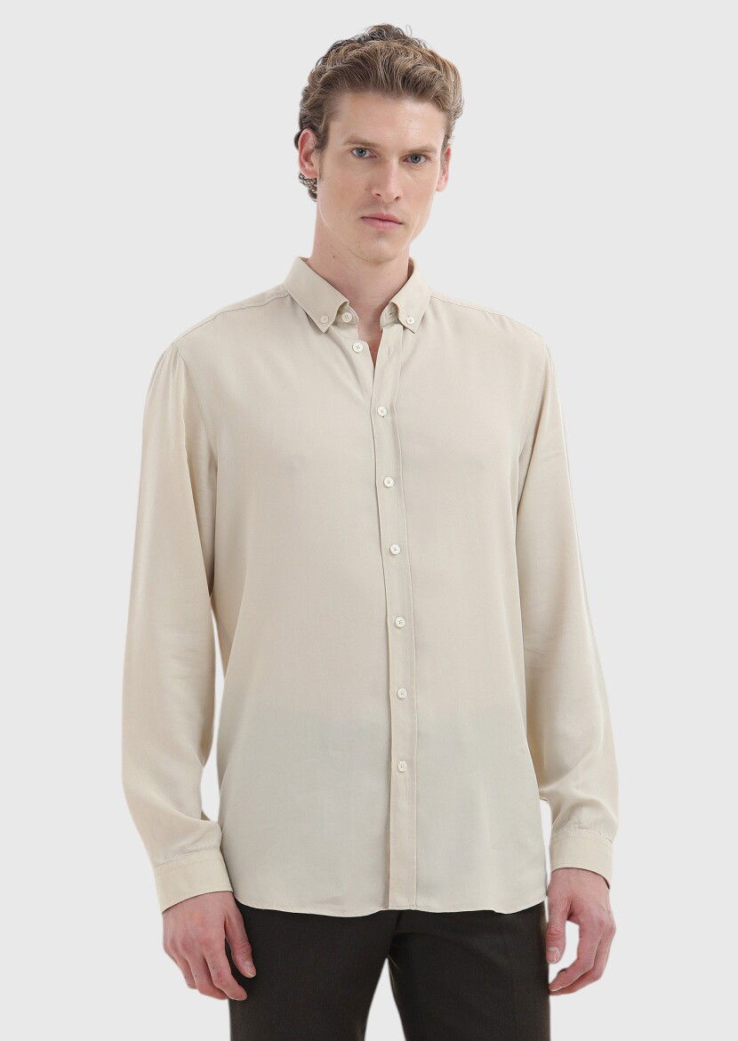 Bej Düz Regular Fit Dokuma Casual Gömlek 