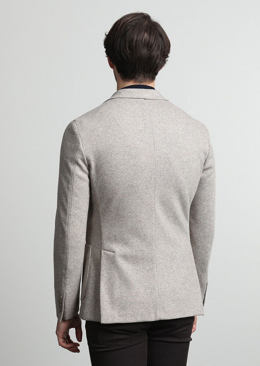 Bej Düz Shirt Shoulder Slim Fit Yün Karışımlı Örme Ceket - 4