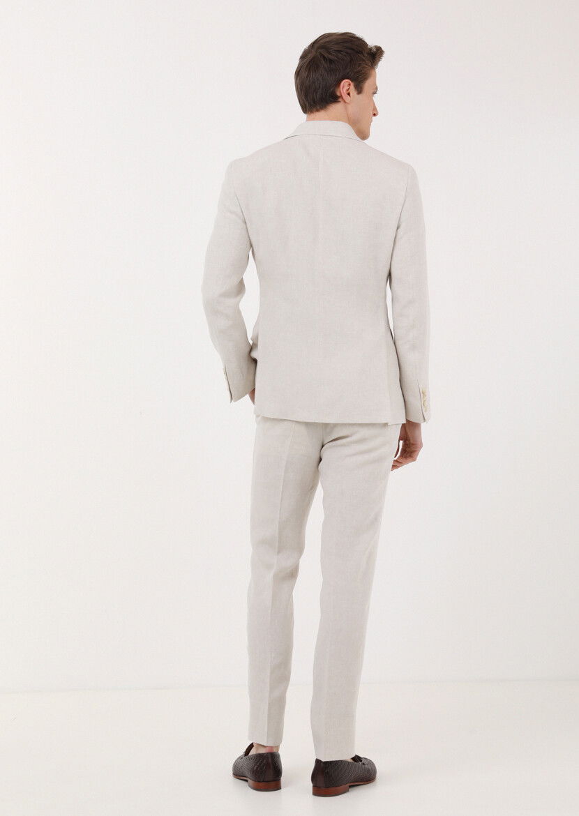 Bej Düz Zeroweight Slim Fit %100 Keten Takım Elbise - 4