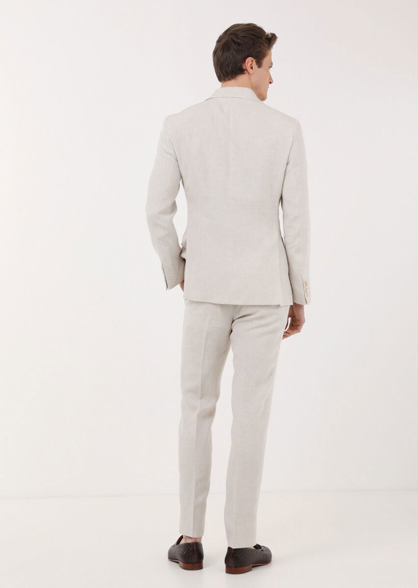 Bej Düz Zeroweight Slim Fit %100 Keten Takım Elbise - 4