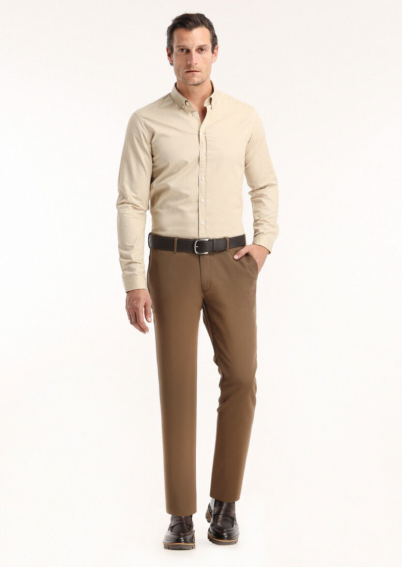 Bej Fitilli Regular Fit Dokuma Casual %100 Pamuk Gömlek 
