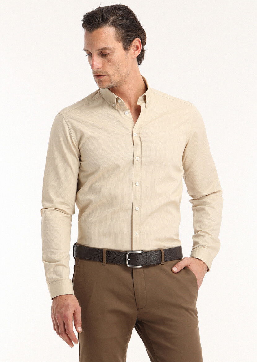 Bej Fitilli Regular Fit Dokuma Casual %100 Pamuk Gömlek 