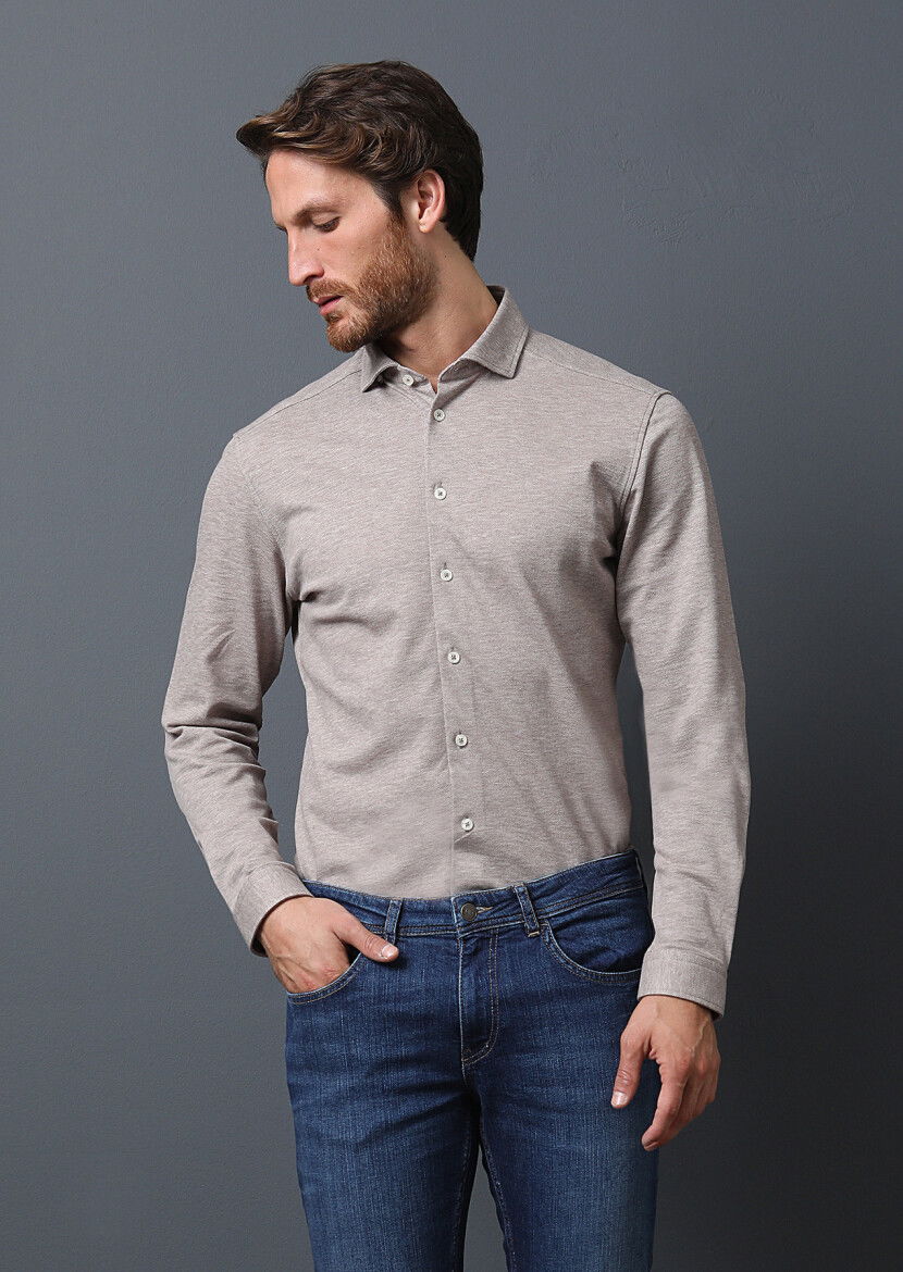 Bej Fitted Fit Casual %100 Pamuk Gömlek 