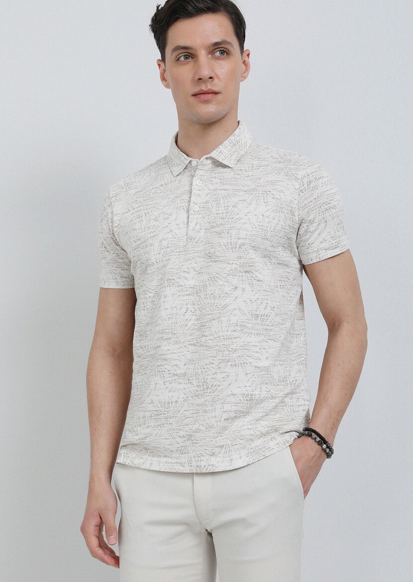 Bej Jakarlı Polo Yaka %100 Pamuk T-Shirt 