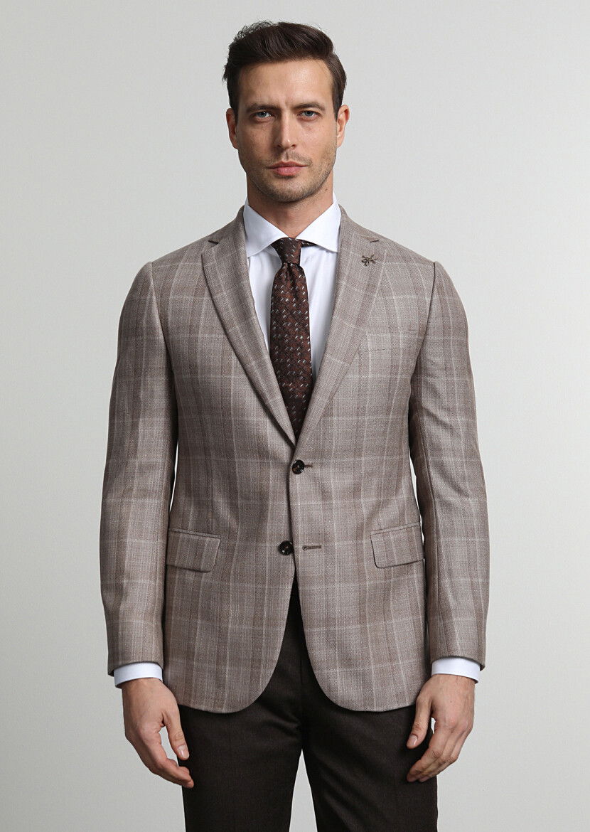 Bej Kareli Regular Fit %100 Kaşmir Ceket - 1