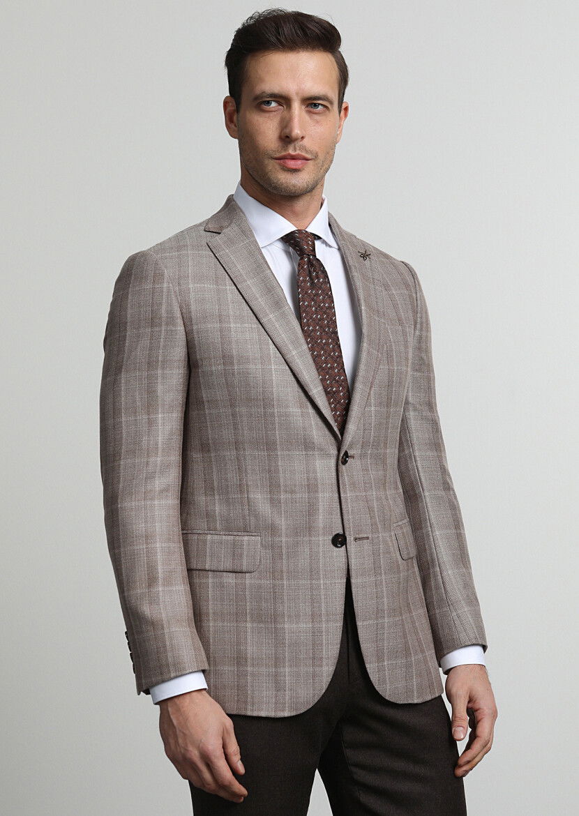 Bej Kareli Regular Fit %100 Kaşmir Ceket - 2