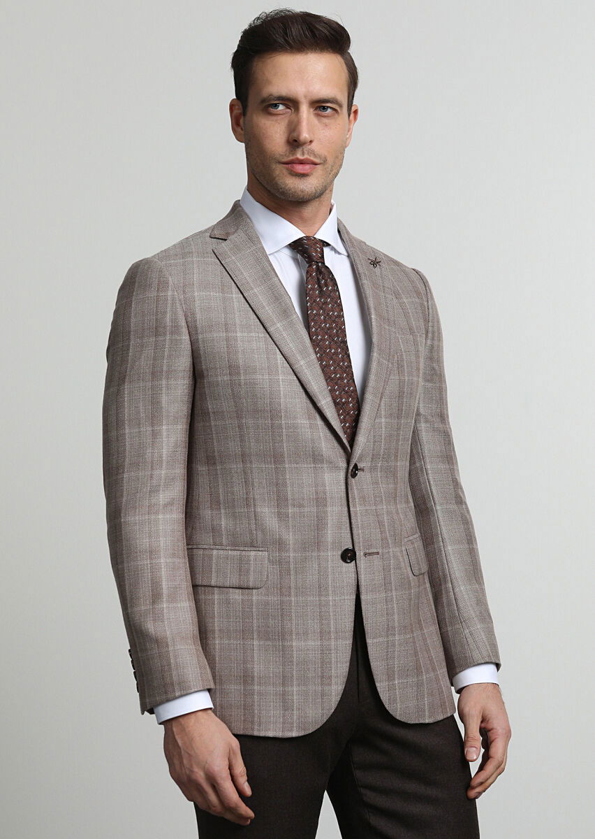 Bej Kareli Regular Fit %100 Kaşmir Ceket - 2