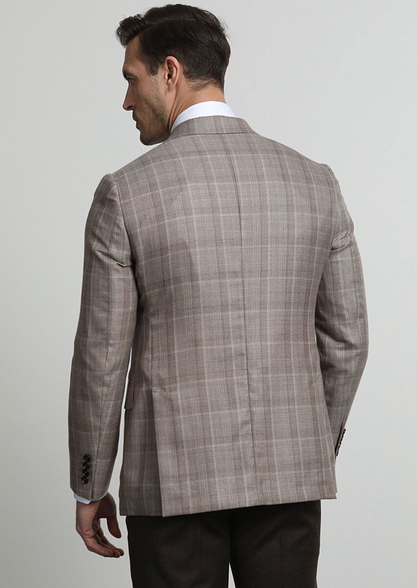 Bej Kareli Regular Fit %100 Kaşmir Ceket - 4