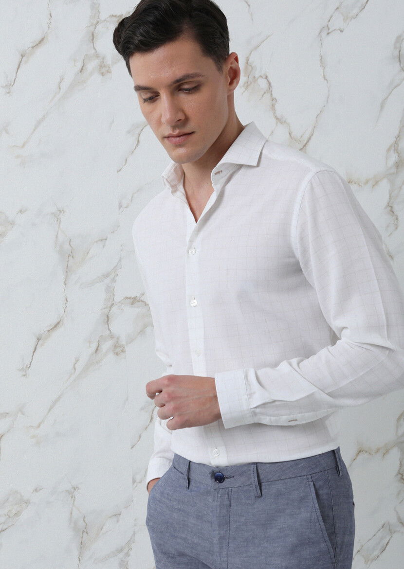 Bej Kareli Regular Fit Dokuma Casual %100 Pamuk Gömlek - 3