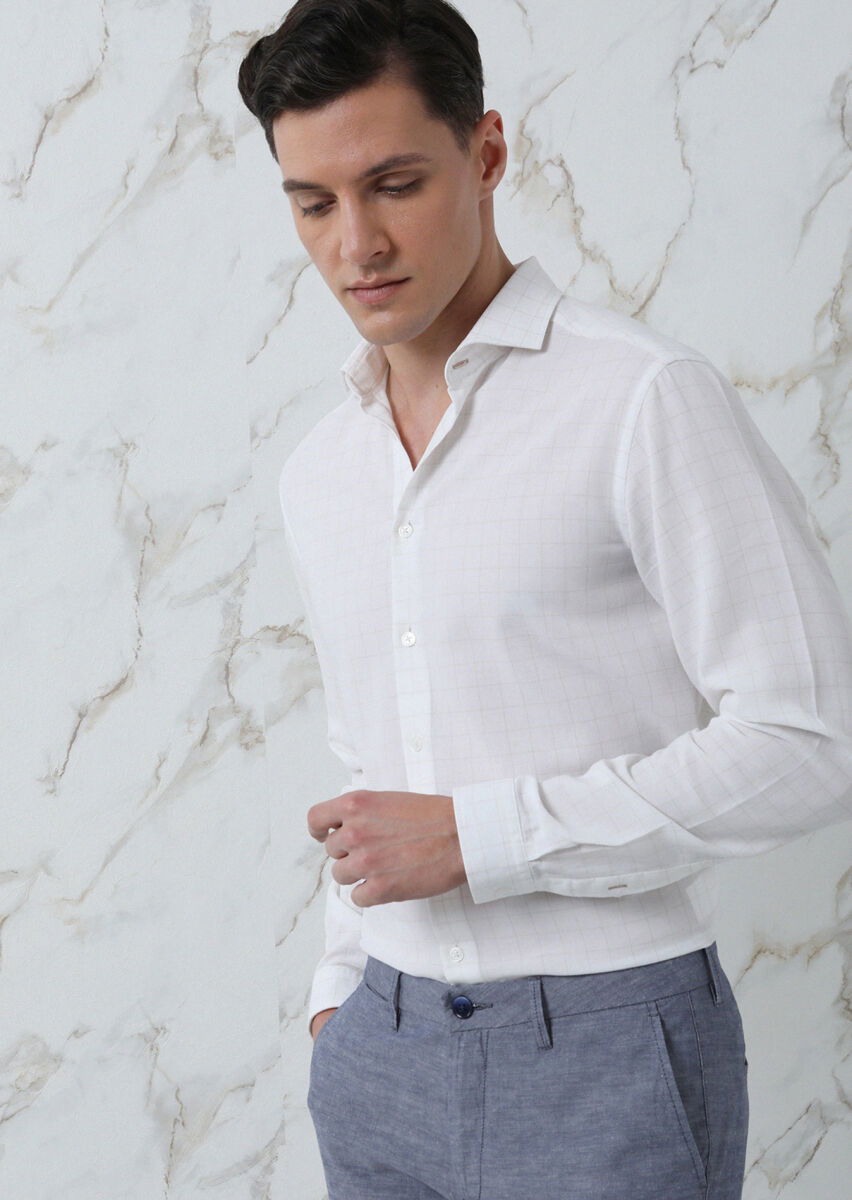 Bej Kareli Regular Fit Dokuma Casual %100 Pamuk Gömlek - 3