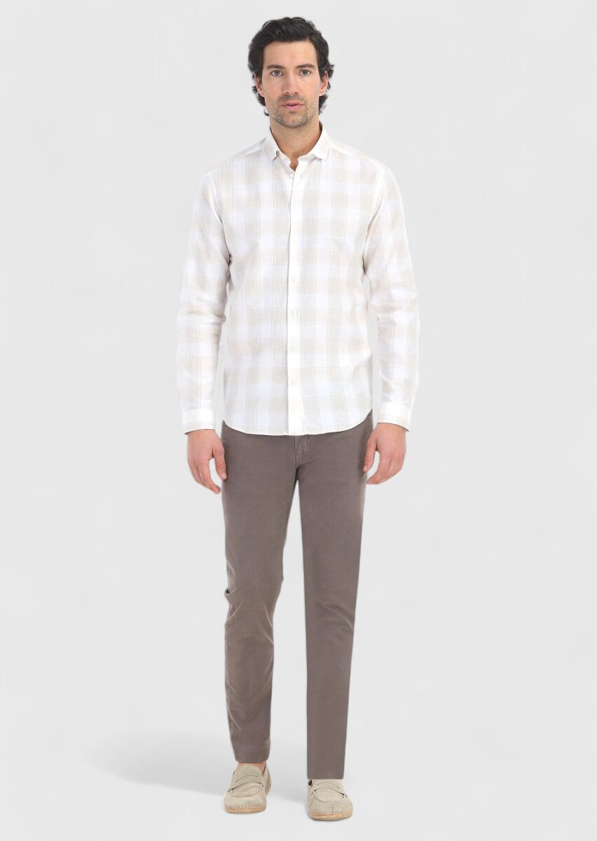 Bej Kareli Regular Fit Dokuma Casual Pamuk Karışımlı Gömlek - 1