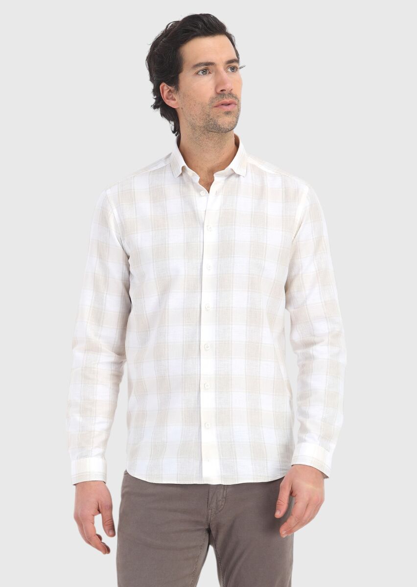 Bej Kareli Regular Fit Dokuma Casual Pamuk Karışımlı Gömlek - 2