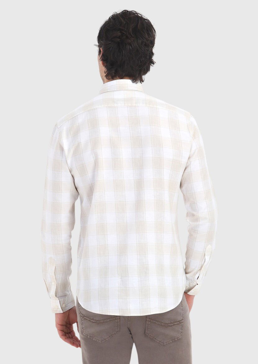 Bej Kareli Regular Fit Dokuma Casual Pamuk Karışımlı Gömlek - 4