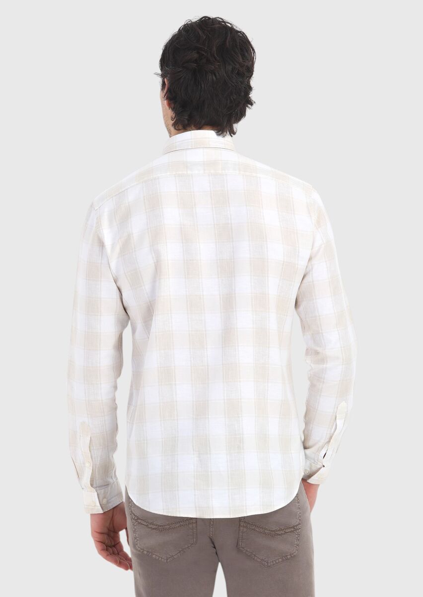 Bej Kareli Regular Fit Dokuma Casual Pamuk Karışımlı Gömlek - 4