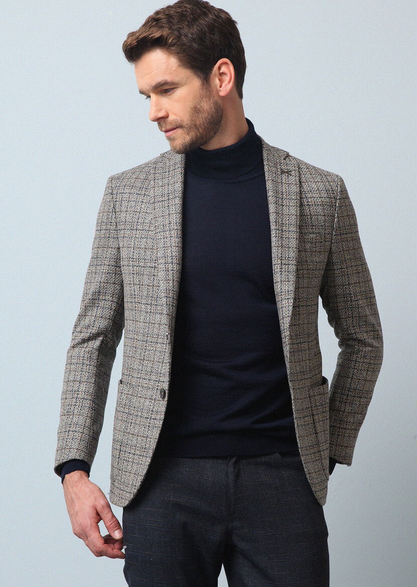 Bej Kareli Zeroweight Slim Fit Yün Karışımlı Ceket - 2