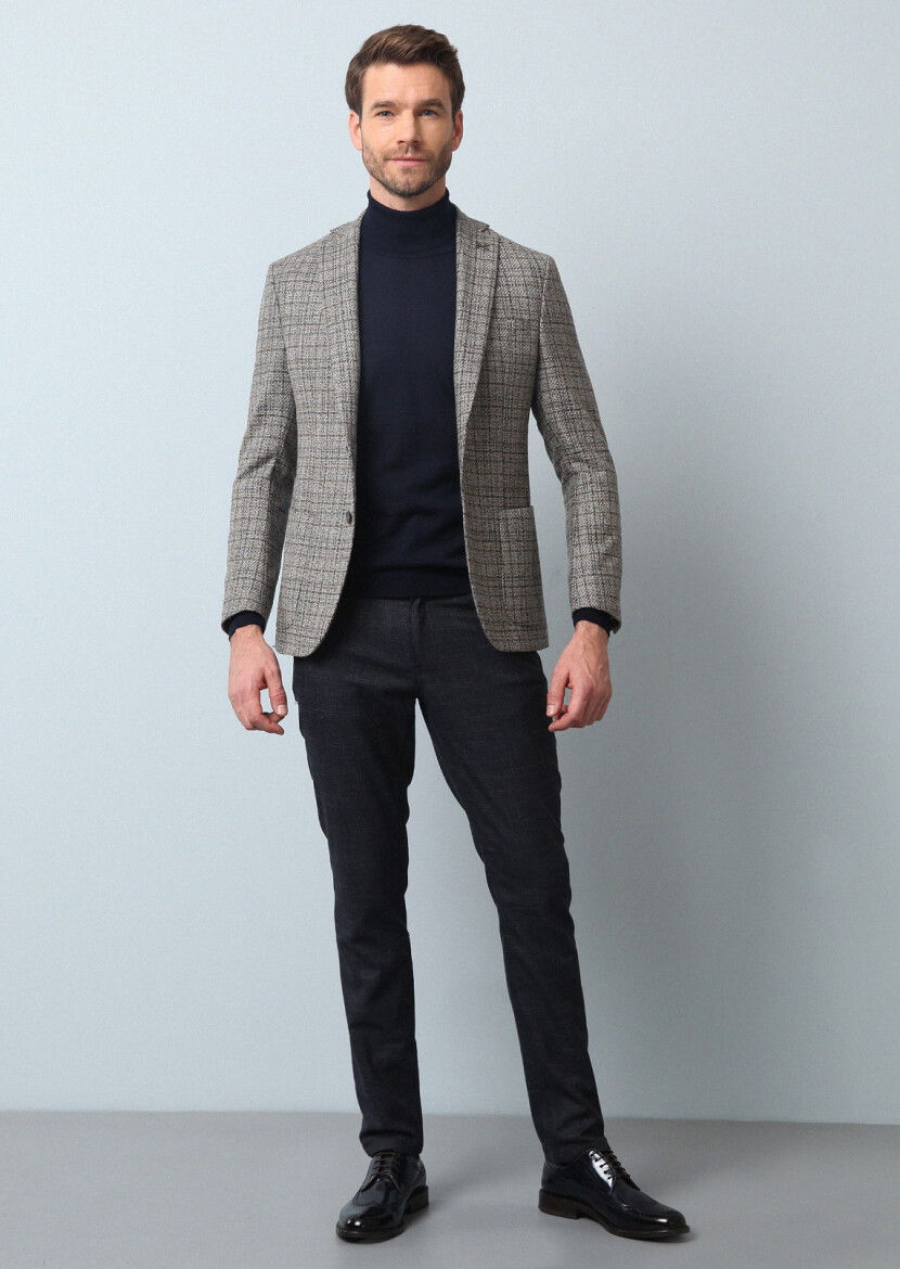 Bej Kareli Zeroweight Slim Fit Yün Karışımlı Ceket - 3
