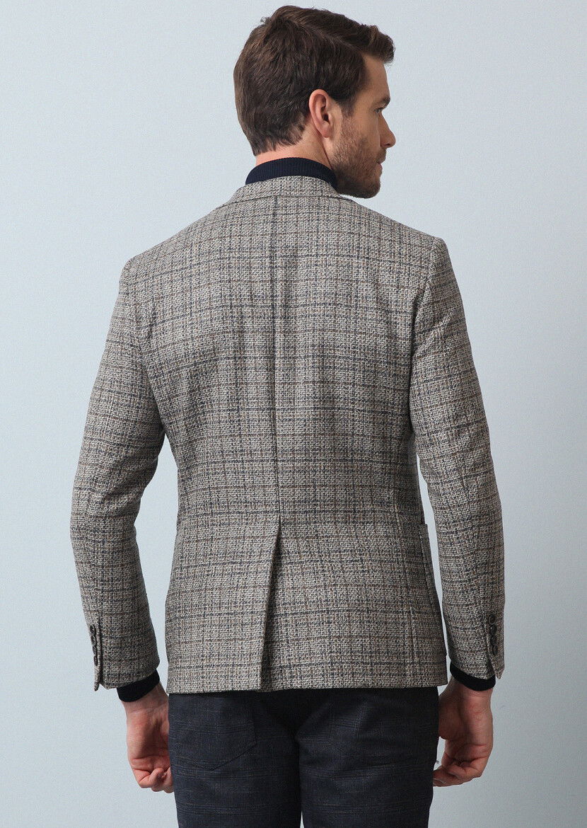 Bej Kareli Zeroweight Slim Fit Yün Karışımlı Ceket - 5