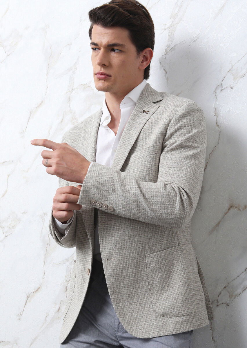 Bej Mikro Shirt Shoulder Slim Fit Pamuk Karışımlı Ceket - 6