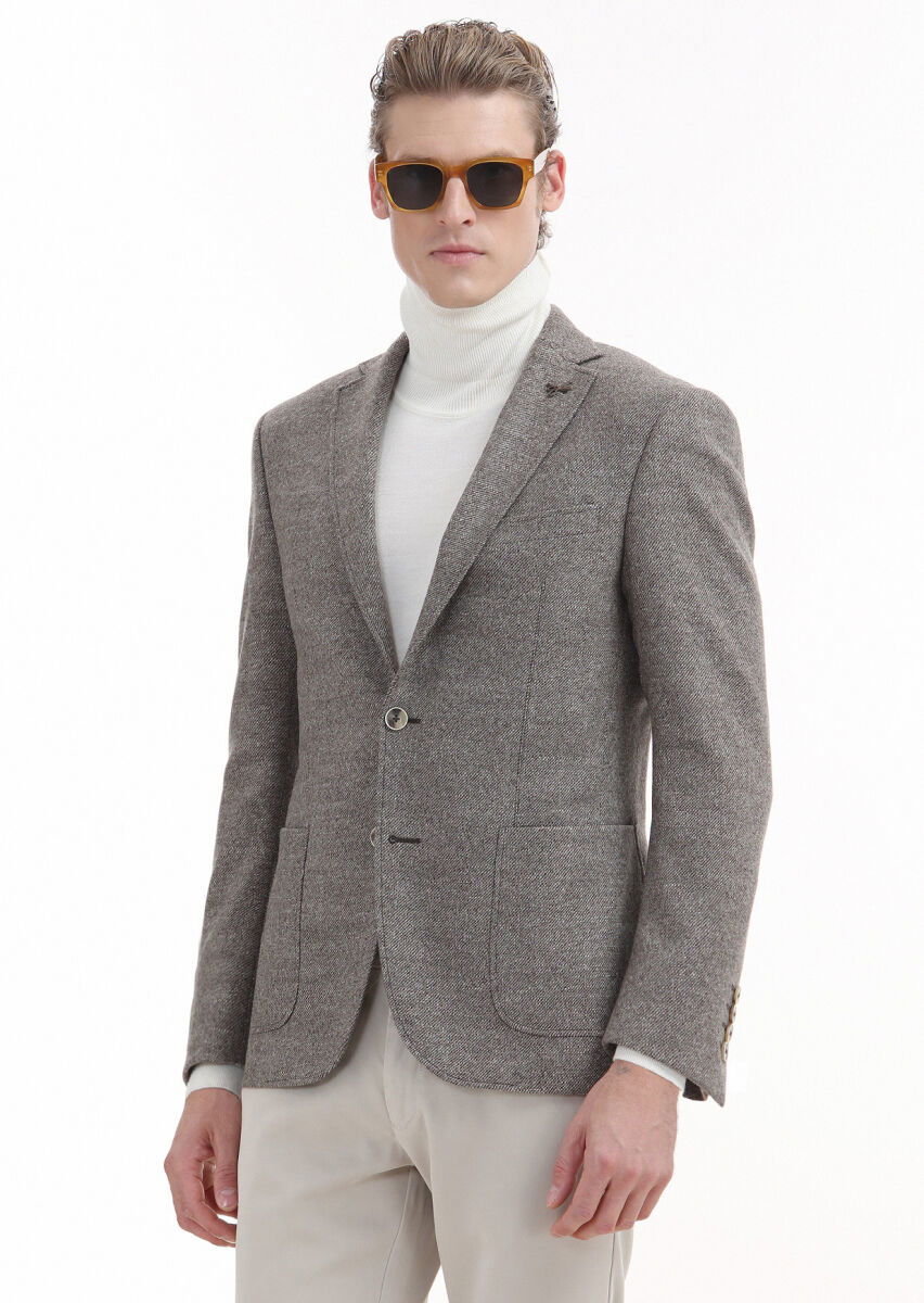 Bej Mikro Zeroweight Slim Fit %100 Yün Ceket - 1
